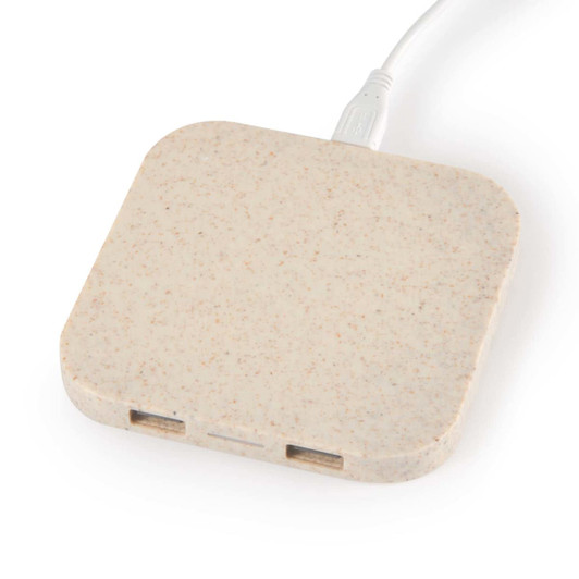 A square, beige wireless charger hub with a textured surface and USB connection. It features two ports.