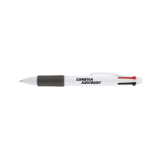 A white pen featuring black, red, and grey accents, with a logo on the barrel.
