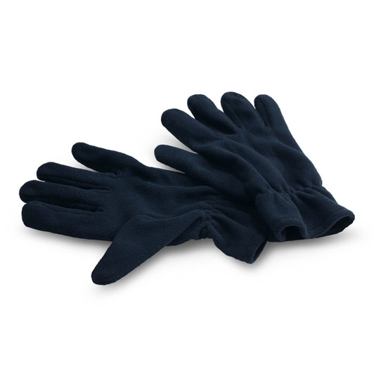 A pair of navy fleece gloves designed for warmth and comfort.