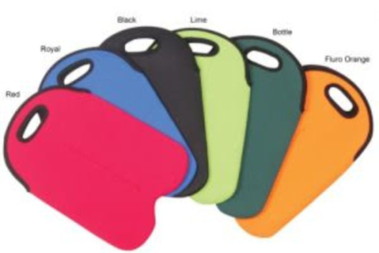 A drink bottle holder in various colours: red, royal blue, black, lime, bottle green, and fluro orange, with a logo.