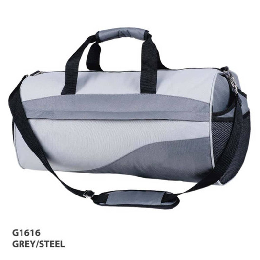 A grey and steel duffle bag with handles and a detachable shoulder strap, featuring a side mesh pocket and a logo.