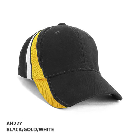 A black cap with gold and white mesh contrast sides, featuring a logo on the front.