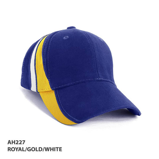 A royal blue cap with gold and white mesh contrast sides and a curved brim. It features a logo on the front.