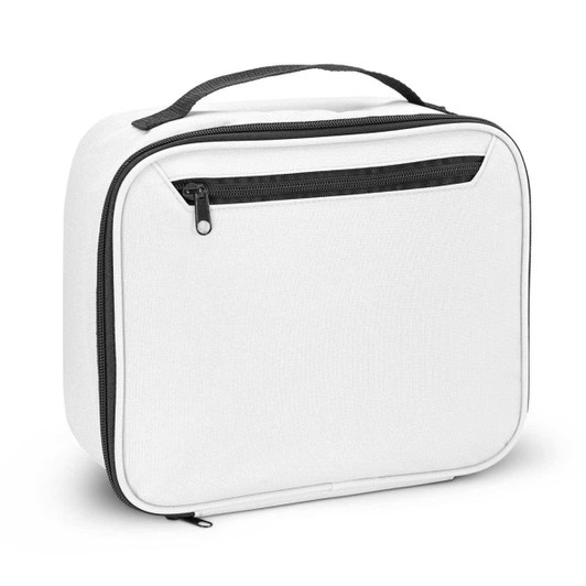 A white lunch cooler bag with a black zippered pocket and handle. It features a plain design with no visible logos.