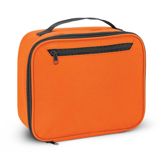 An orange lunch cooler bag with a black zippered pocket and handle. It has a simple, rectangular design.