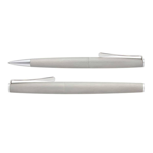 A metal pen set in a sleek, light grey finish with a polished silver clip. Features both capped and uncapped designs.