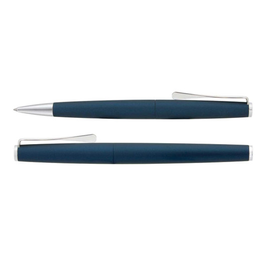 A metal pen set featuring a sleek navy blue finish with silver accents and a logo on the body.