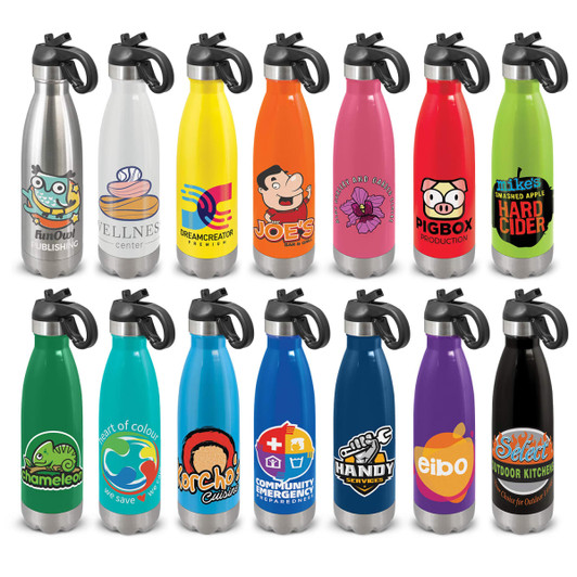A drink bottle collection featuring stainless steel and colourful designs, each with a flip lid and logo.