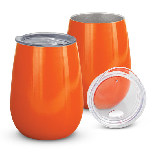 A drink bottle set featuring two bright orange vacuum cups and a clear lid. The cups have a sleek, modern design.