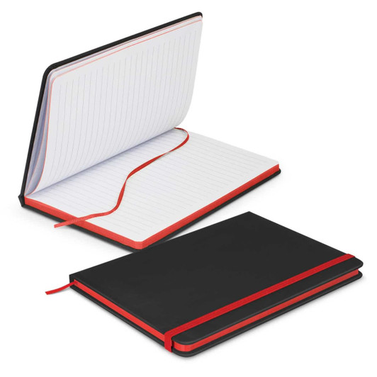 A black notebook with a red ribbon, featuring lined pages and a sleek, minimalist design.
