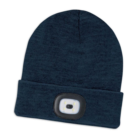 A headlamp beanie in a dark blue color featuring a built-in LED light on the front.