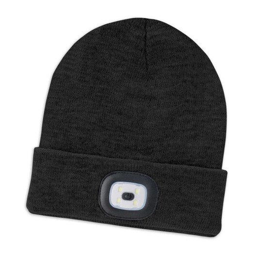 A headlamp beanie in dark grey with a built-in LED light on the front.