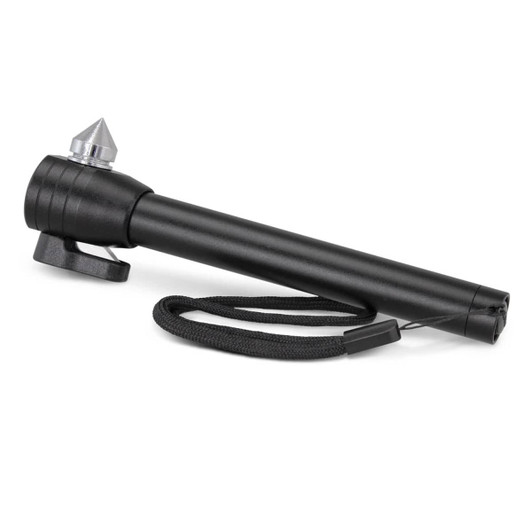 A Vehicle Safety Tool featuring a black cylindrical design with a pointed tip and a lanyard for easy carrying.