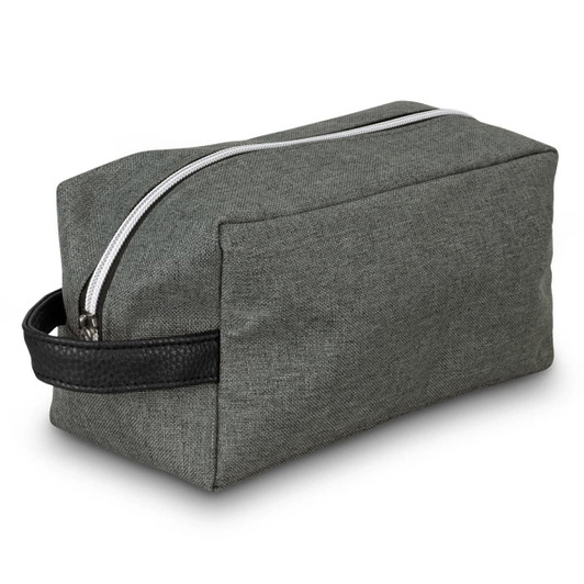 A toiletry bag in a textured gray fabric with a black leather handle and a white zipper.