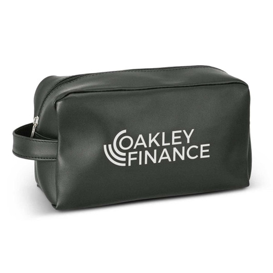 A green toiletry bag with a zip closure and a carrying handle, featuring the logo "OAKLEY FINANCE" printed in white.