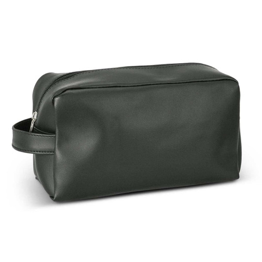 A green Portland Toiletry Bag with a zipper closure and a side handle. The bag features a sleek, minimalist design.