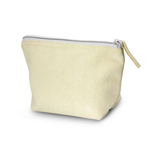 A small, light yellow cosmetic bag with a zip closure, featuring a simple design and a logo.