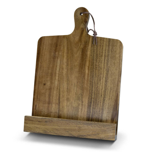 A wooden recipe book holder in a natural finish with a hanging loop, featuring a sturdy base.