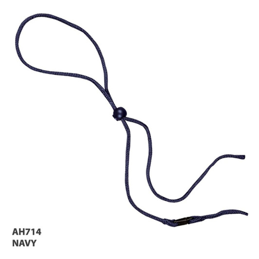A navy rope and toggle with a bead and adjuster, featuring loose ends for securing items.