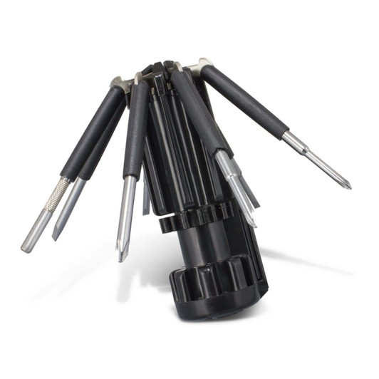A black multi-tool featuring multiple screwdriver heads folding out from a central handle, with a compact design.