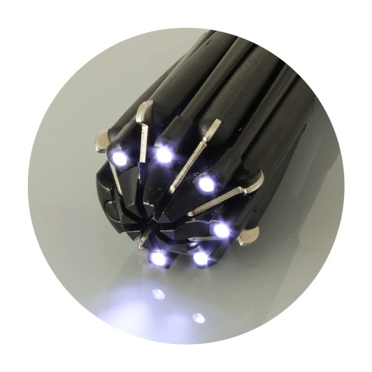 A multi-tool with black casing featuring multiple light elements and a logo. Compact and designed for various tasks.