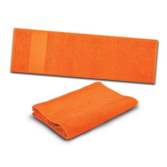 An orange towel, displayed both flat and folded, featuring a subtle branding logo.