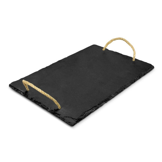 A black slate serving board with rope handles, ideal for serving cheese and other dishes.