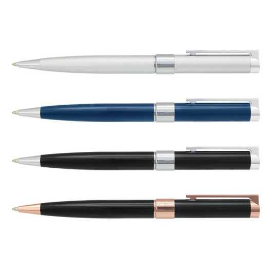 Four metal pens in varied colours: silver, blue, black, and black with rose gold accents, each featuring a clip.