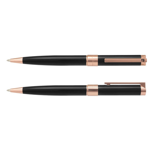 A set of black metal pens with rose gold accents, featuring a sleek design and a logo on the clip.