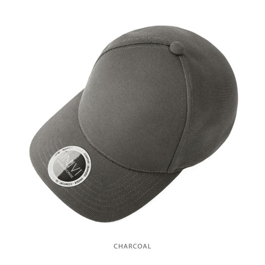 A charcoal cap with a rounded top and a logo on the side. The cap features a smooth fabric texture.