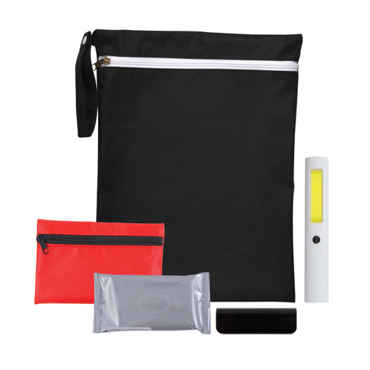 A black pouch containing a flashlight, a red pouch, a silver packet, and a black object.