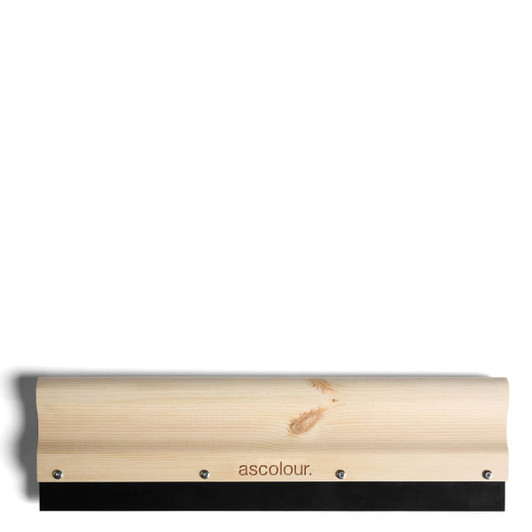 A wooden squeegee with a black rubber edge and a branding logo, featuring a natural wood finish.