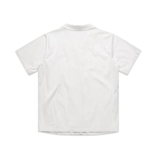 A white pyjama top with a short-sleeve design and a collar, featuring a branded logo.