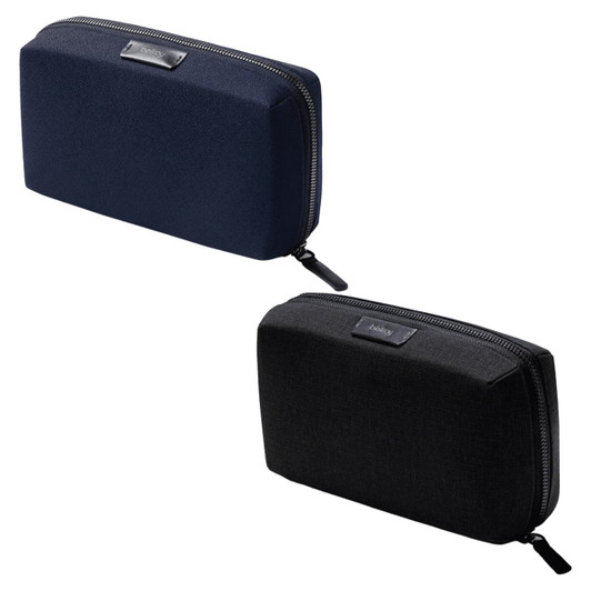 A tech kit featuring a navy and a black zippered pouch, both with a branding logo on the front.