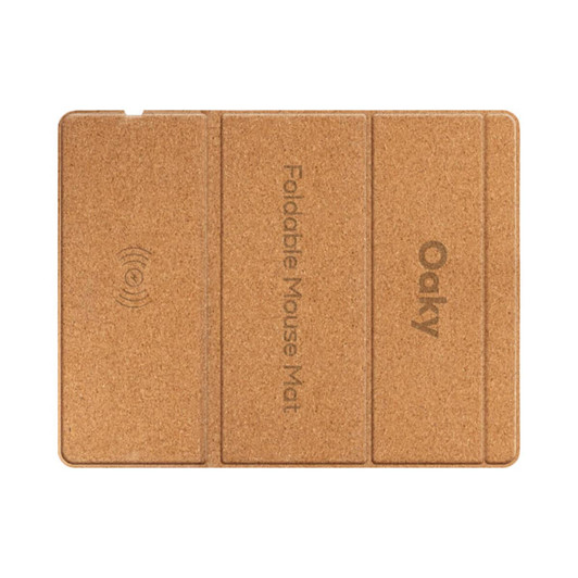 A foldable wireless charging mouse pad in a natural cork colour, featuring a branded logo.