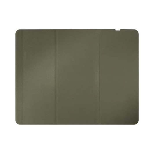 A foldable wireless charging mouse pad in olive green, featuring a minimalist design and a logo.