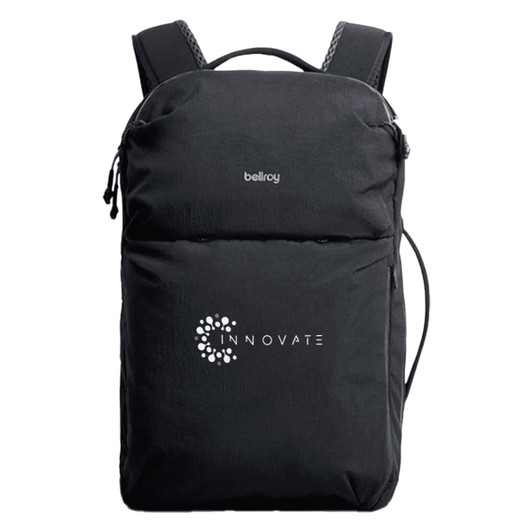 A black backpack with a logo, featuring adjustable straps and a sleek, modern design.