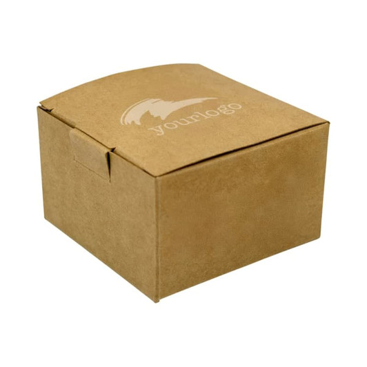 A brown cardboard box with a logo on the surface, featuring a simple, rectangular design.