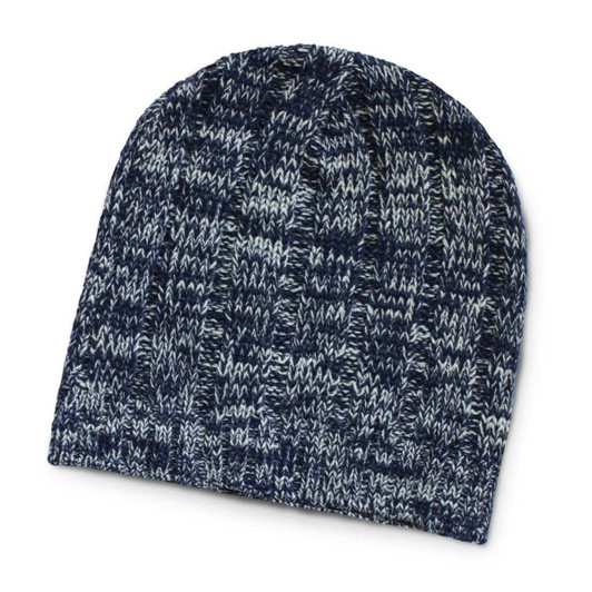 A knitted beanie in navy blue with a heathered texture. It features a logo on the side.