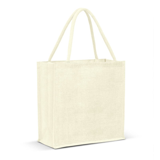 A jute tote bag in a light cream colour with two sturdy handles and a simple, unadorned design.