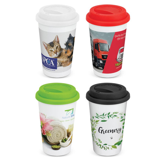 Four Aztec double wall coffee cups in white with assorted coloured lids: red, green, black, and white. Each cup features varied designs.