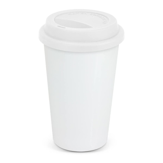 A double wall coffee cup in white with a matching lid and a logo feature.