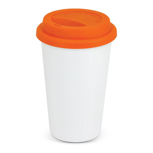 A coffee cup with a double wall design, featuring a full-color white body and an orange silicone lid.