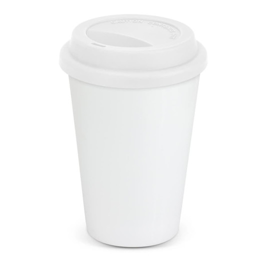 A white double wall coffee cup with a secure lid and a logo on the side.