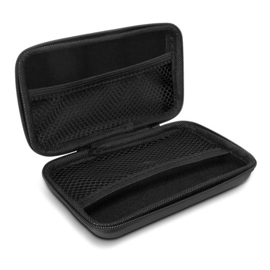 A black extra-large carry case with a zippered opening, featuring mesh pockets and compartments inside.
