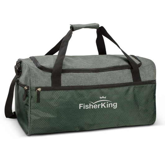 A green duffle bag with a zippered top and sturdy handles, featuring a logo on the front.