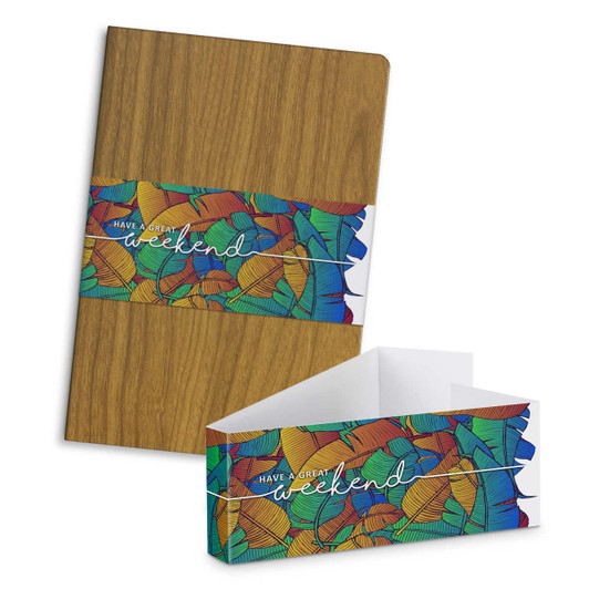 A notebook featuring a wooden texture cover and a colourful leaf-patterned band, with a logo present.