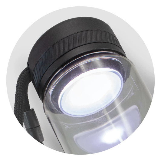 A drink bottle with a clear body, black lid, and built-in LED light at the top. It features a textured grip.
