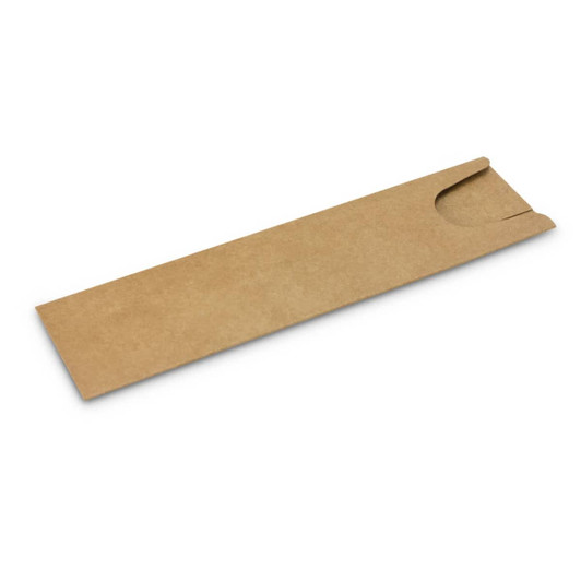 A brown cardboard pen sleeve with an open end for easy access to the pen. It features a simple design.