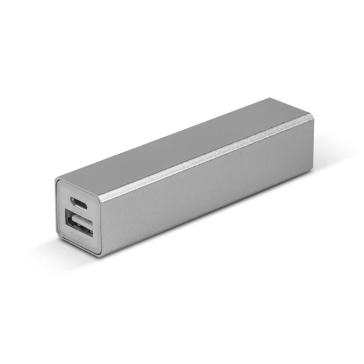 A silver power bank with two USB ports, featuring a sleek rectangular design and a minimalist appearance.